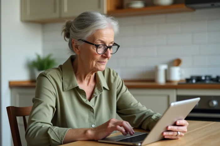 Femme d'âge mûr accédant à ses résultats d'analyses Biofutur en toute sécurité depuis sa cuisine avec une tablette