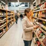 Femme faisant ses achats dans un supermarché frontalier à La Jonquera, Espagne, devant des rayons de vins et produits espagnols