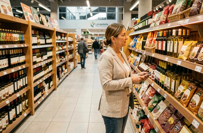 Femme faisant ses achats dans un supermarché frontalier à La Jonquera, Espagne, devant des rayons de vins et produits espagnols