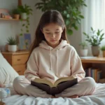 Adolescente détendue lisant dans sa chambre avec des produits hygiéniques absorbants discrets sur la table de nuit