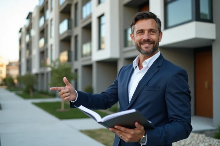 Agent immobilier présentant un immeuble neuf éligible à la loi Robien