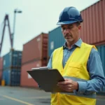 Agent logistique portuaire consultant des documents sur un quai de fret maritime avec des conteneurs en arrière-plan