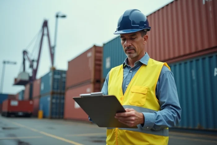 Agent logistique portuaire consultant des documents sur un quai de fret maritime avec des conteneurs en arrière-plan