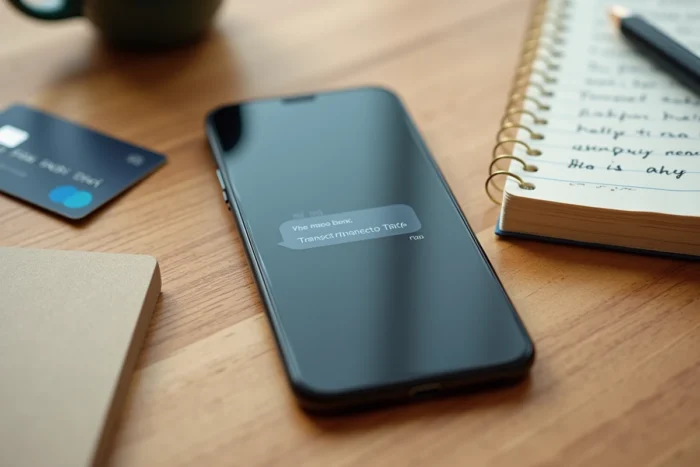 Gros plan d'un smartphone affichant une alerte SMS bancaire posé sur une table en bois avec une carte bancaire et un carnet de notes