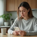 Femme consultant une alerte SMS Crédit Agricole sur son smartphone dans une cuisine moderne