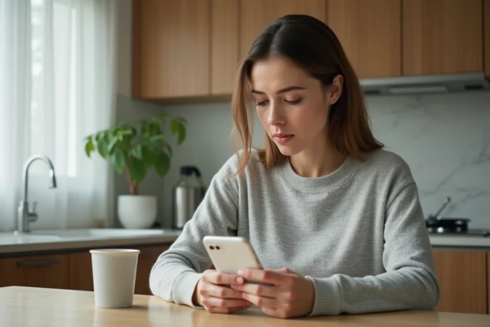 Femme consultant une alerte SMS Crédit Agricole sur son smartphone dans une cuisine moderne