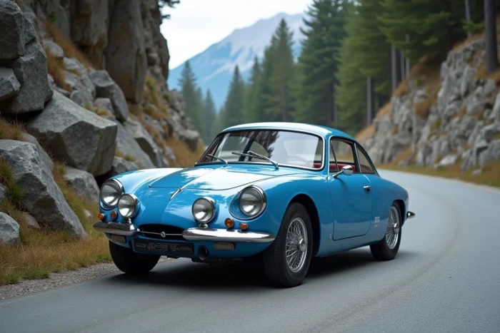 Alpine A110 Berlinette bleue de 1962 sur un col de montagne dans les Alpes françaises