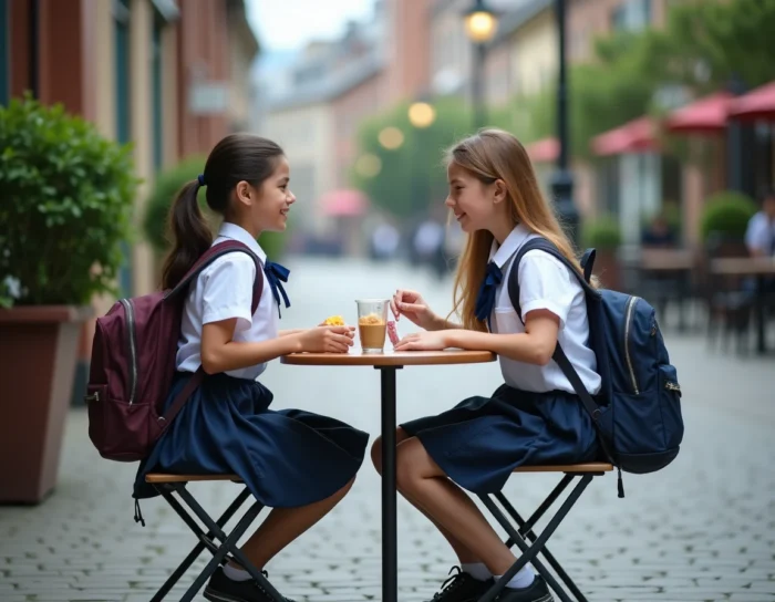 Deux adolescentes en uniforme scolaire discutant dehors, l'une rangeant discrètement une protection hygiénique absorbante dans son sac