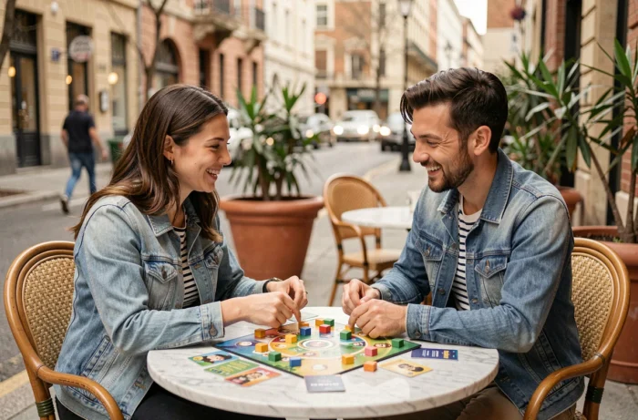 Deux amis jouant à un jeu de société coloré en terrasse de café, souriants et décontractés lors d'un moment de loisir partagé