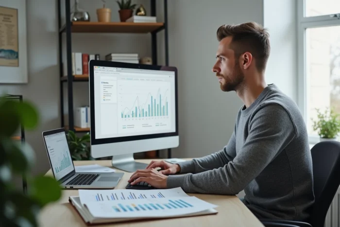 Entrepreneur analysant un rapport de développement et de croissance d'entreprise sur écran dans son bureau à domicile