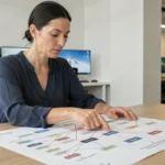 Professionnelle analysant un diagramme de structure de sitemap web sur un bureau en bois dans un bureau moderne