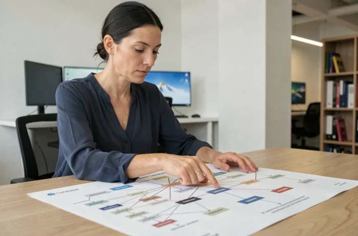 Professionnelle analysant un diagramme de structure de sitemap web sur un bureau en bois dans un bureau moderne
