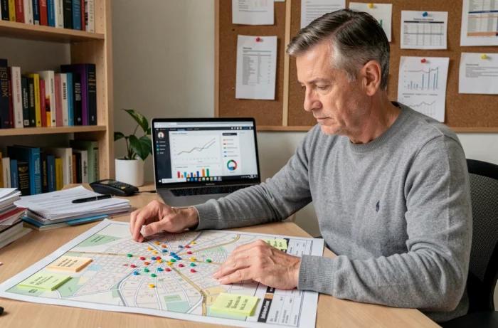 Un homme analyse une carte de quartier avec des données de transactions immobilières dans un bureau à domicile