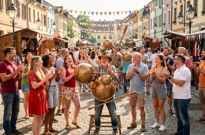 Animateur de rue jonglant devant une foule festive sur une place de village décorée pour un événement en plein air