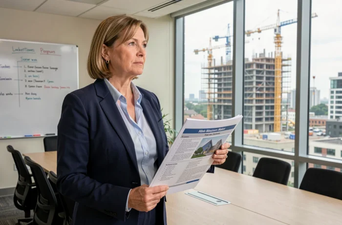 Une femme consulte un rapport de marché devant une fenêtre avec vue sur un quartier en construction