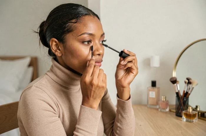 Femme appliquant du mascara à sa coiffeuse dans une ambiance minimaliste et contemporaine pour une mise en beauté quotidienne