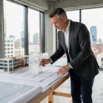 Architecte masculin dans un studio moderne examinant des plans architecturaux et des maquettes de bâtiments contemporains en 2024