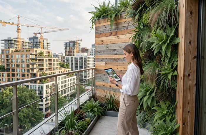 Architecte féminine sur un toit végétalisé d'un bâtiment durable moderne avec vue sur une skyline urbaine contemporaine