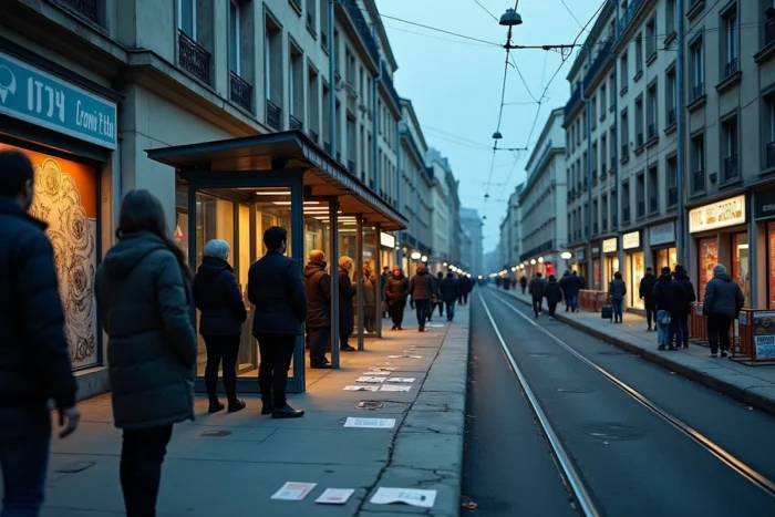 Arrêt de tramway dans un quartier populaire de Montpellier au crépuscule avec logements sociaux en arrière-plan