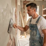Artisan appliquant du plâtre sur un mur en cours de rénovation intérieure