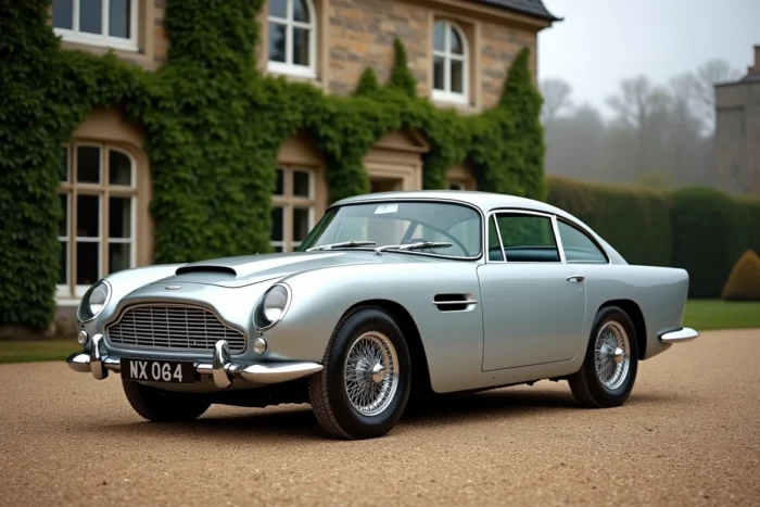 Aston Martin DB5 grise de 1963 garée sur une allée de gravier devant un manoir anglais en pierre