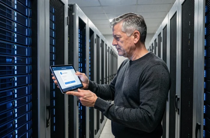 Ingénieur informatique effectuant un audit de sécurité dans une salle de serveurs avec authentification à deux facteurs