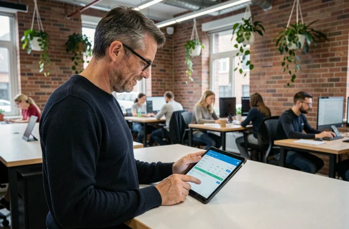 Auto-entrepreneur consultant un logiciel de comptabilité sur tablette dans un espace de coworking moderne