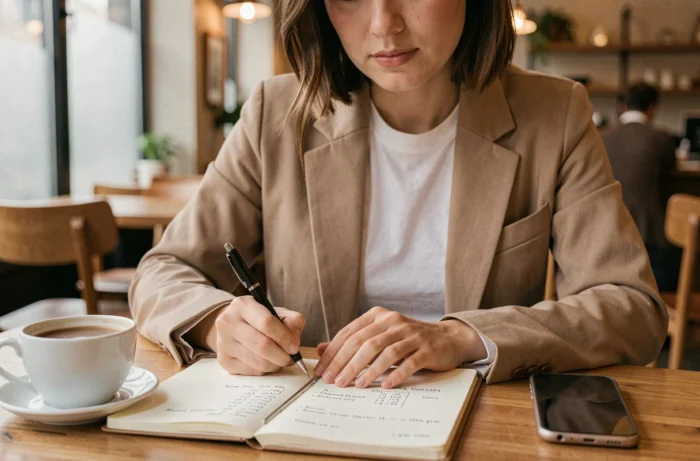 Jeune auto-entrepreneuse calculant son chiffre d'affaires annuel dans un carnet dans un café