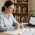 Auto-entrepreneuse consultant ses documents financiers et plafonds de chiffre d'affaires dans un bureau à domicile