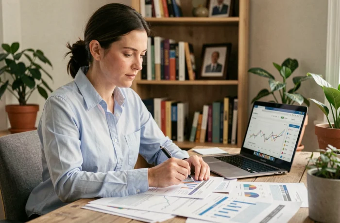 Auto-entrepreneuse consultant ses documents financiers et plafonds de chiffre d'affaires dans un bureau à domicile