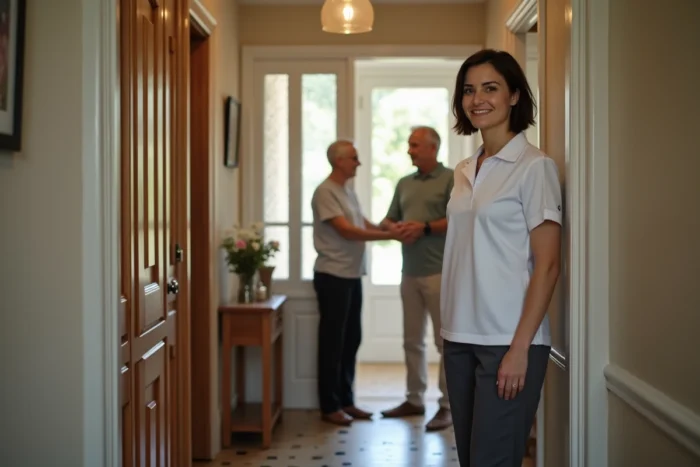 Auxiliaire de vie ADMR discutant des nouvelles prestations et aides à domicile avec un couple de personnes âgées en 2026