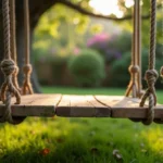 Balançoire en bois suspendue entre deux chênes dans un jardin verdoyant avec des cordes en chanvre naturel