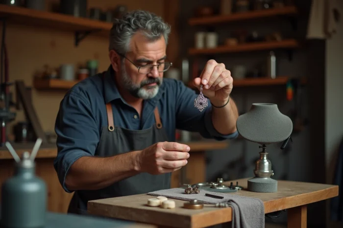 Bijoutier artisan inspectant un pendentif en argent nettoyé avec une chamoisine dans son atelier