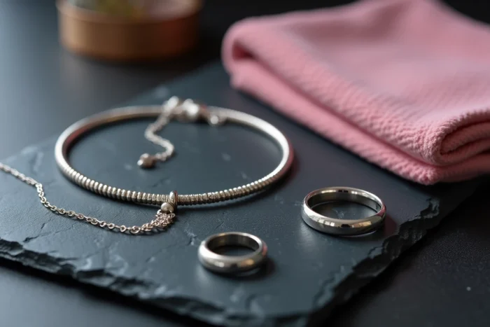 Bijoux en argent disposés sur une surface en ardoise avec une chamoisine rose pliée pour l'entretien