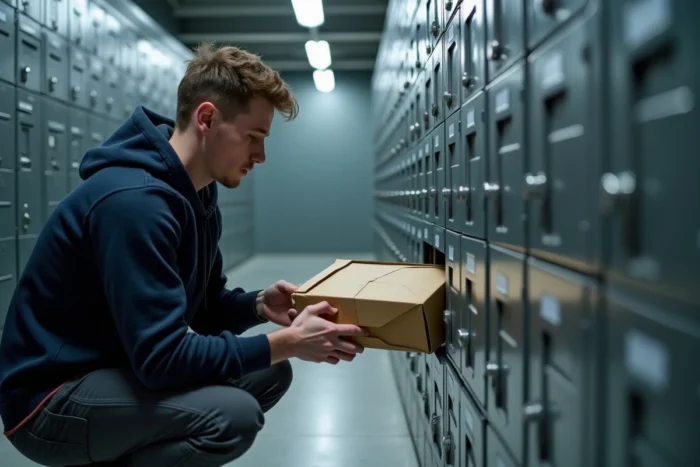 Jeune homme récupérant son courrier dans une boîte postale louée en centre de domiciliation