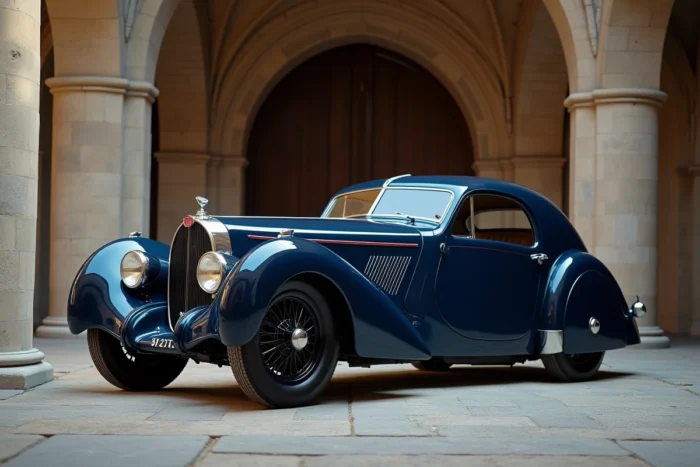 Bugatti Type 57SC Atlantic bleu nuit de 1936 dans un garage voûté en pierre de style cathédrale