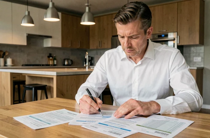 Un homme calcule son apport personnel en comparant ses relevés bancaires et une simulation de crédit immobilier