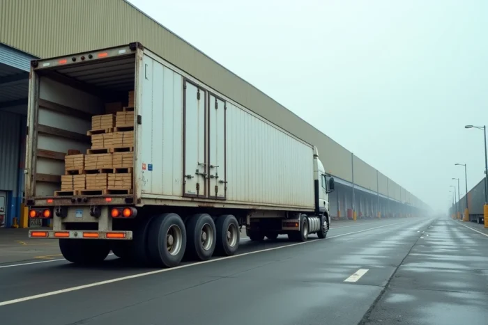 Camion de transport fret garé dans un terminal portuaire avec chargement de palettes visible dans la remorque