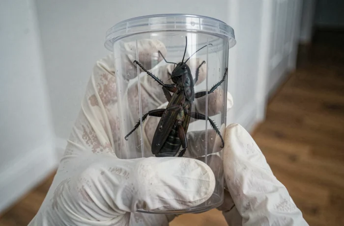 Main gantée capturant un grillon noir dans un bocal transparent pour l'éliminer de la maison
