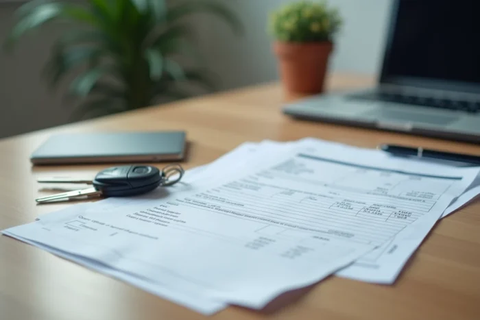 Carte grise et clés de voiture posées sur un bureau en bois pour illustrer les chevaux fiscaux