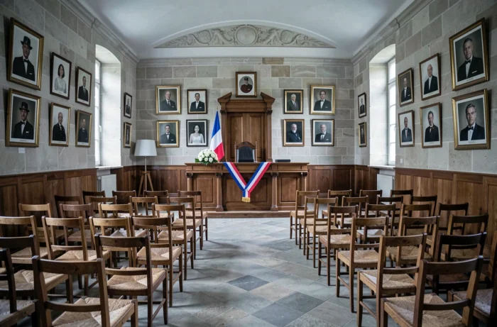 Salle de mariage civil dans une mairie française avec bureau officiel et bouquet de roses blanches, symbolisant une union médiatique