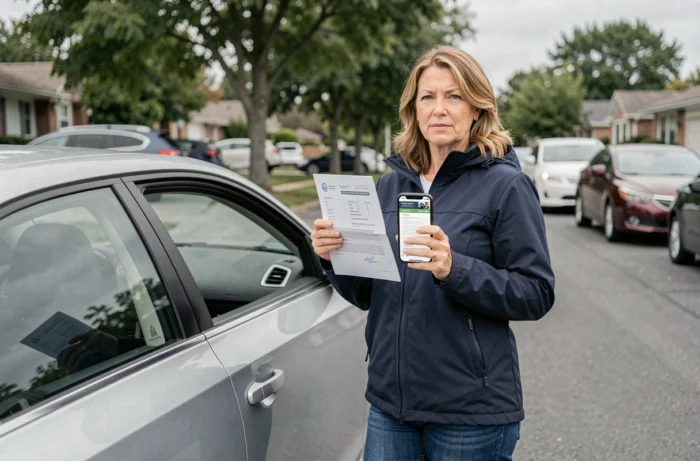 Femme consultant les démarches de cession de véhicule sur smartphone à côté de sa voiture dans une allée résidentielle