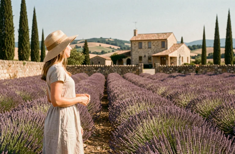 Femme en robe de lin dans un champ de lavande en Provence avec une ferme en pierre en arrière-plan