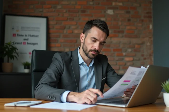 Chef d'entreprise analysant un plan de croissance et des tableaux de bord analytiques dans son bureau privé