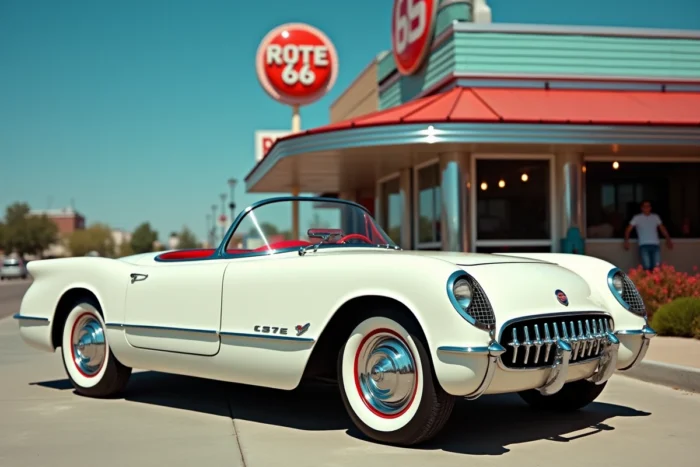 Chevrolet Corvette C1 blanche de 1953 garée devant un diner américain sur la Route 66