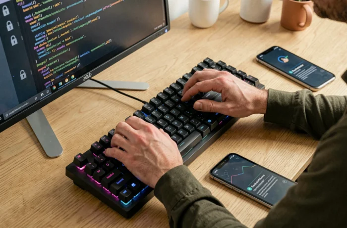 Mains d'un développeur tapant sur un clavier pour configurer un système de chiffrement des données