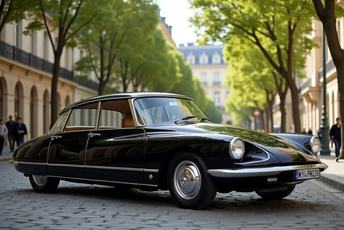 Citroën DS 21 Pallas noire de 1965 sur un grand boulevard parisien bordé d'immeubles haussmanniens