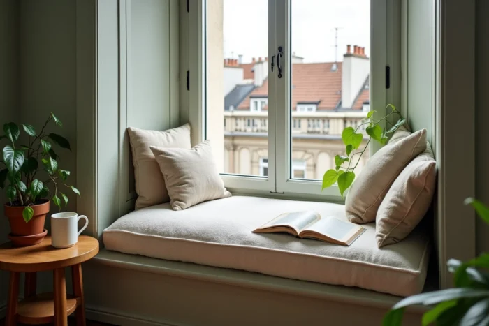 Coin lecture cosy aménagé dans une alcôve avec banquette en bouclé, coussins en lin et plante verte dans un appartement haussmannien