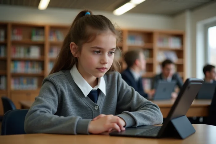 Collégienne utilisant Pronote sur une tablette dans une bibliothèque scolaire