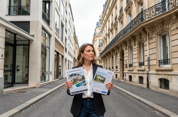 Une femme compare des brochures d'un appartement neuf et d'un bien ancien dans une rue parisienne